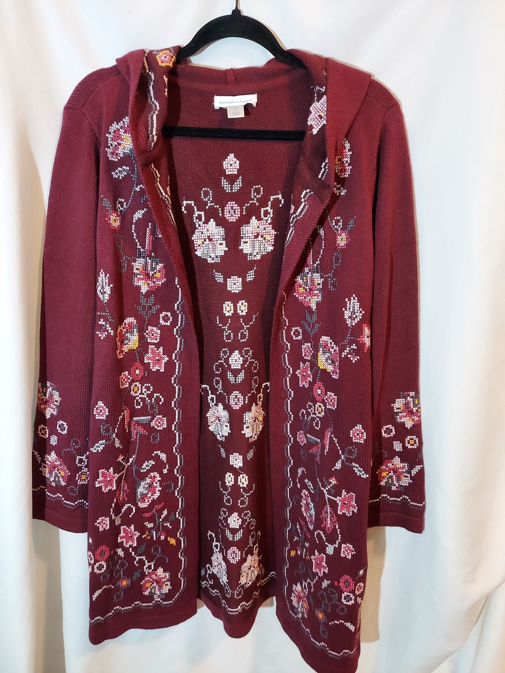 Christopher & Banks Cross-Stitch Floral Hooded Long Duster Cardigan Sweater M